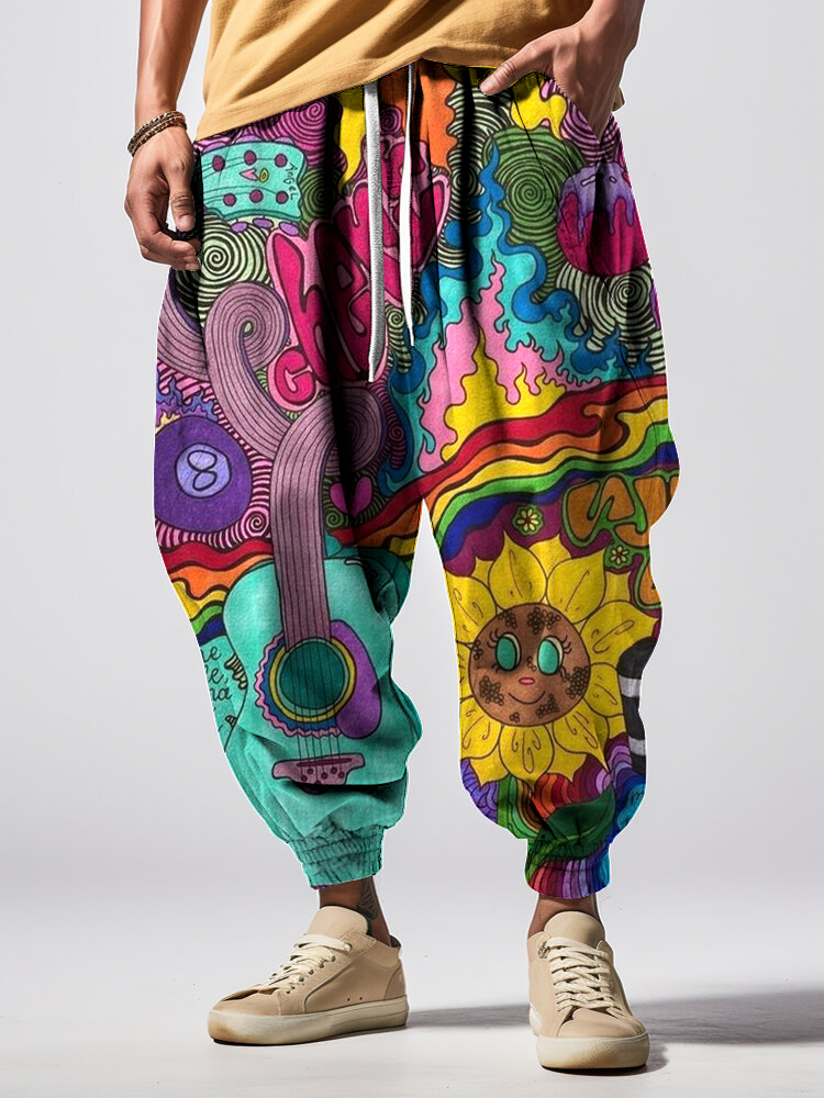 Men's Hippie Sunflower Abstract Art Printed Loose Drawstring Waist Sweatpants