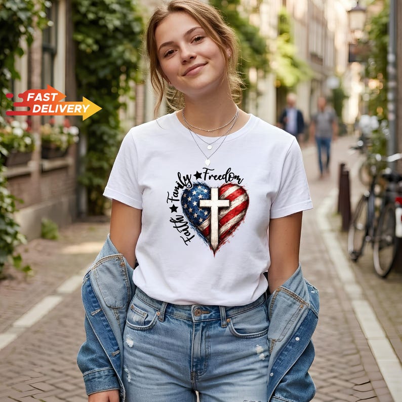 Faith Family Freedom Cross Shirt, Patriotic Christian 4th of July Tee