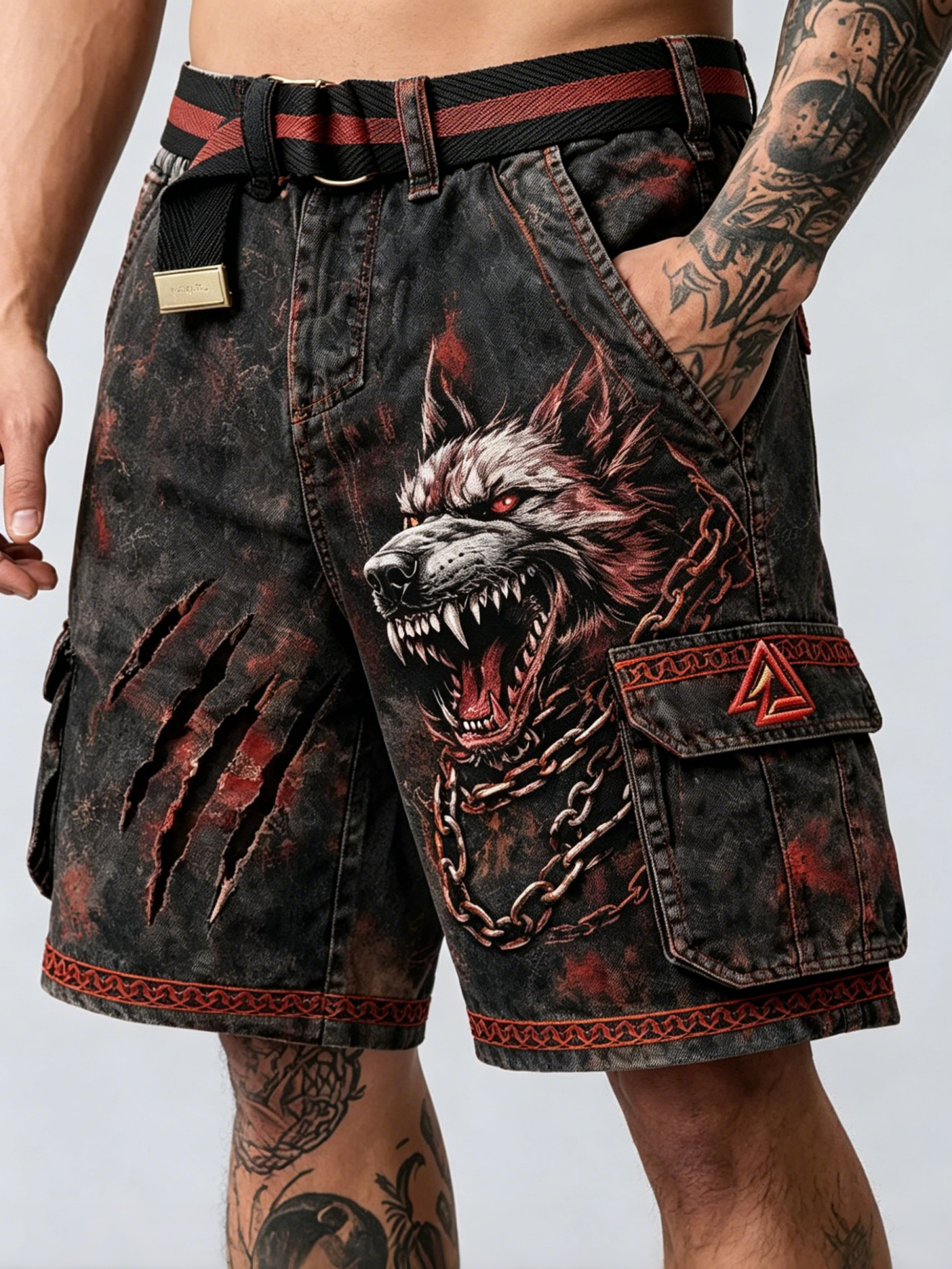 Men's Viking Wolf Head Chain Art Print Casual Shorts