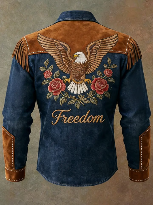 Denim Tassel Floral And Eagle Print Casual Top