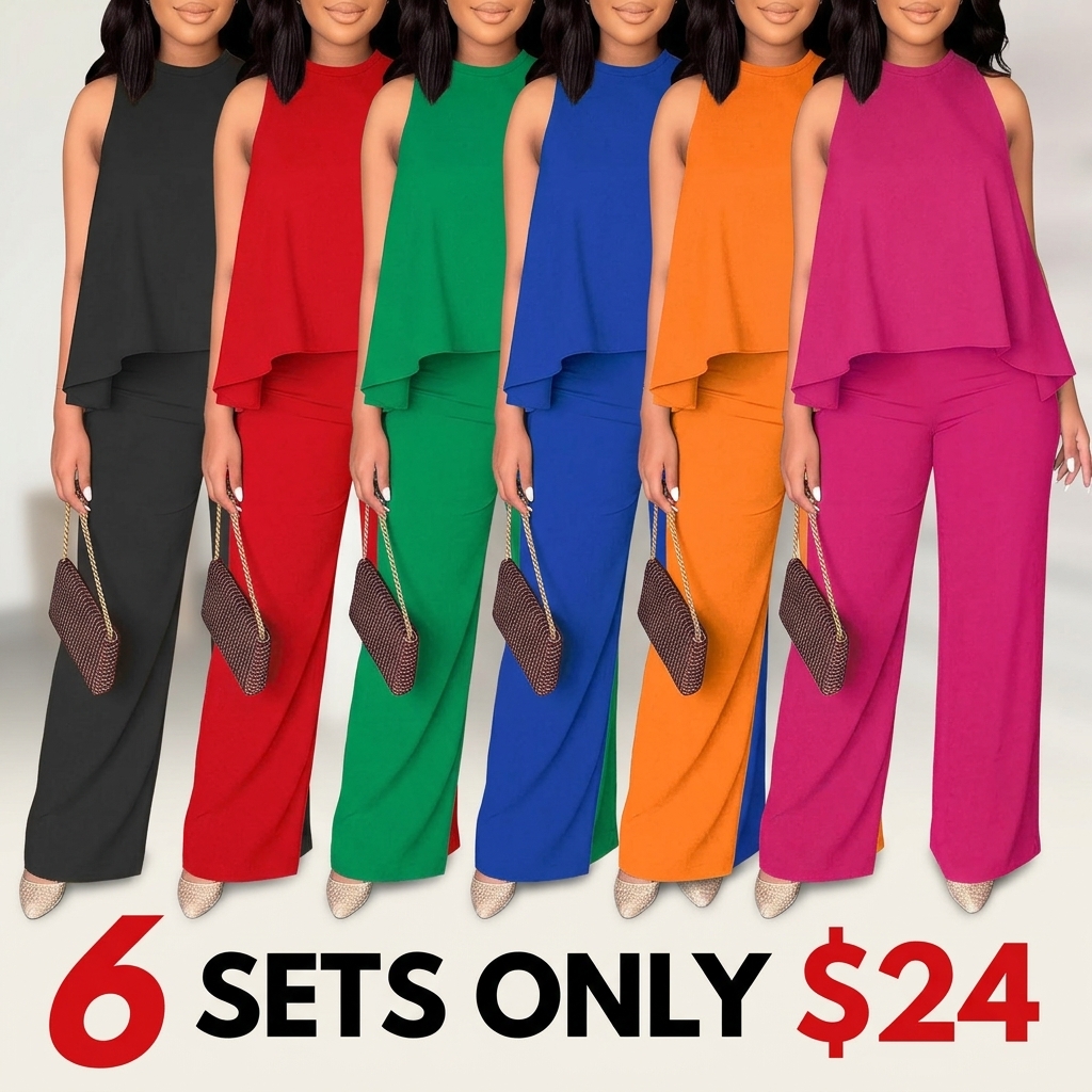 Women's Spring-Summer Set:Lightweight Flowy Halter Two-Piece with High-Waisted Wide Leg Pants–Comfortable