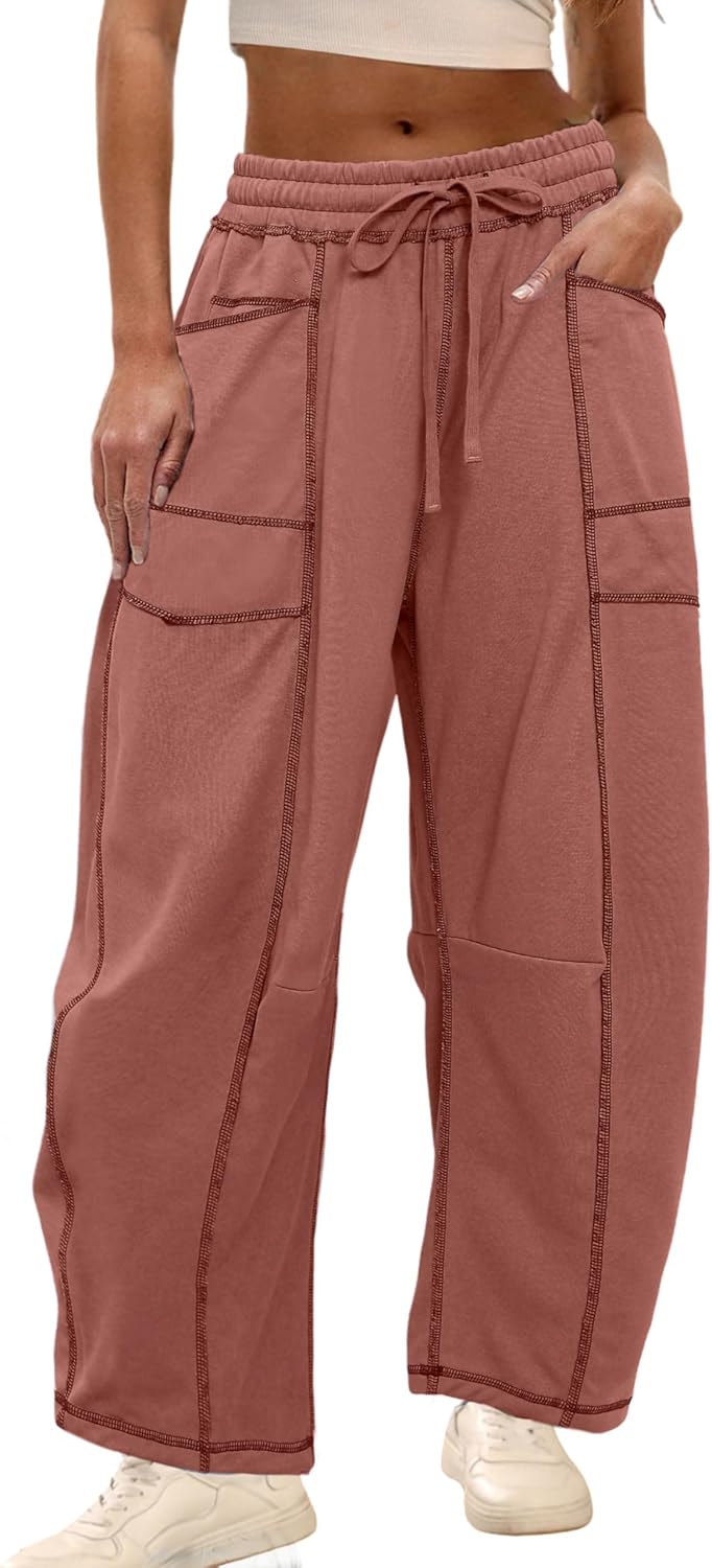 Womens Baggy Barrel Pants Wide Leg Lounge Drawstring Sweatpants with Pockets
