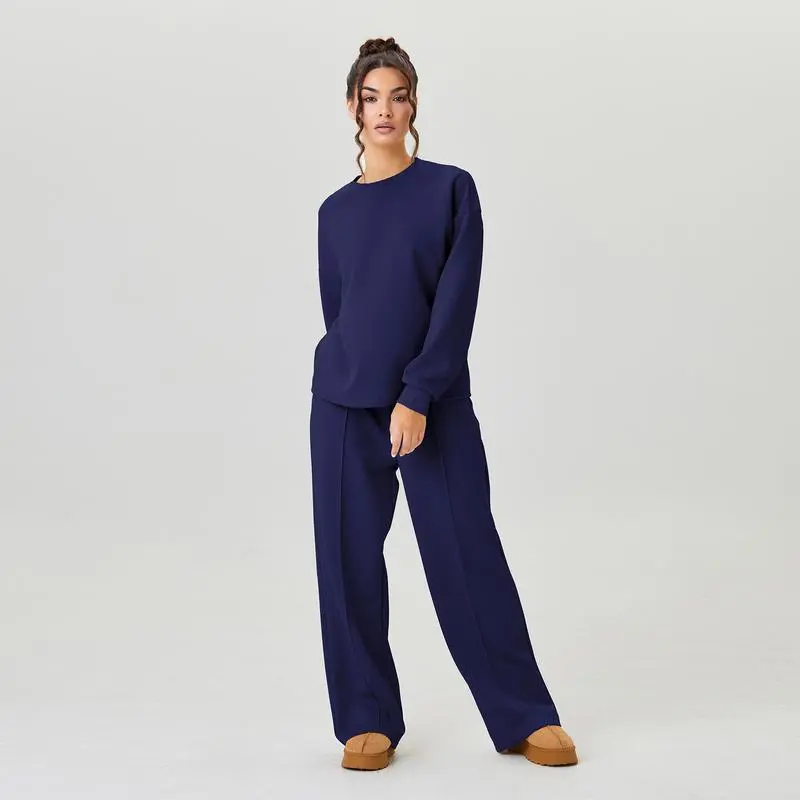 Women's Casual Solid Color Loose Long Sleeve Top & Exposed Stitches Trousers Co-ord