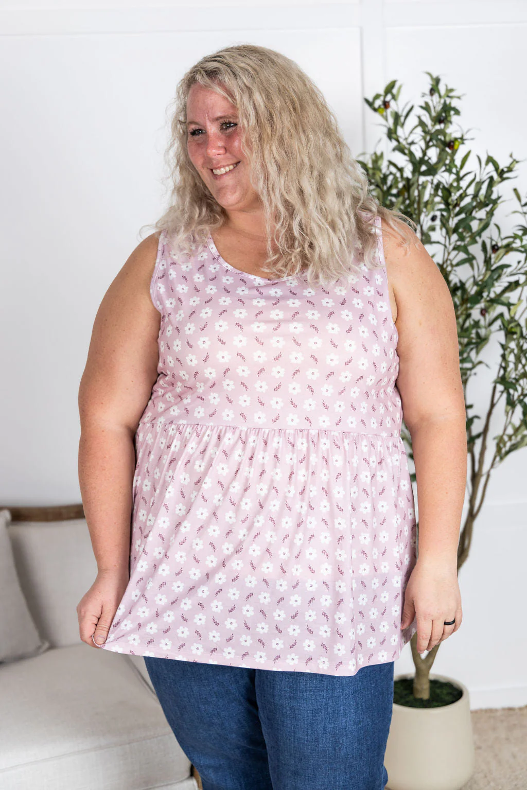 Renee Ruffle Tank Top in Pearl Pink Floral