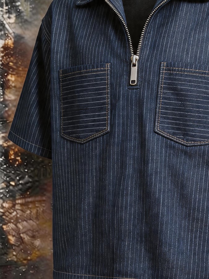 Men's Striped Denim Dual Pocket Half Zip Polo Shirt, Casual Lapel Collar Short Sleeve Loose Workwear Streetwear Top