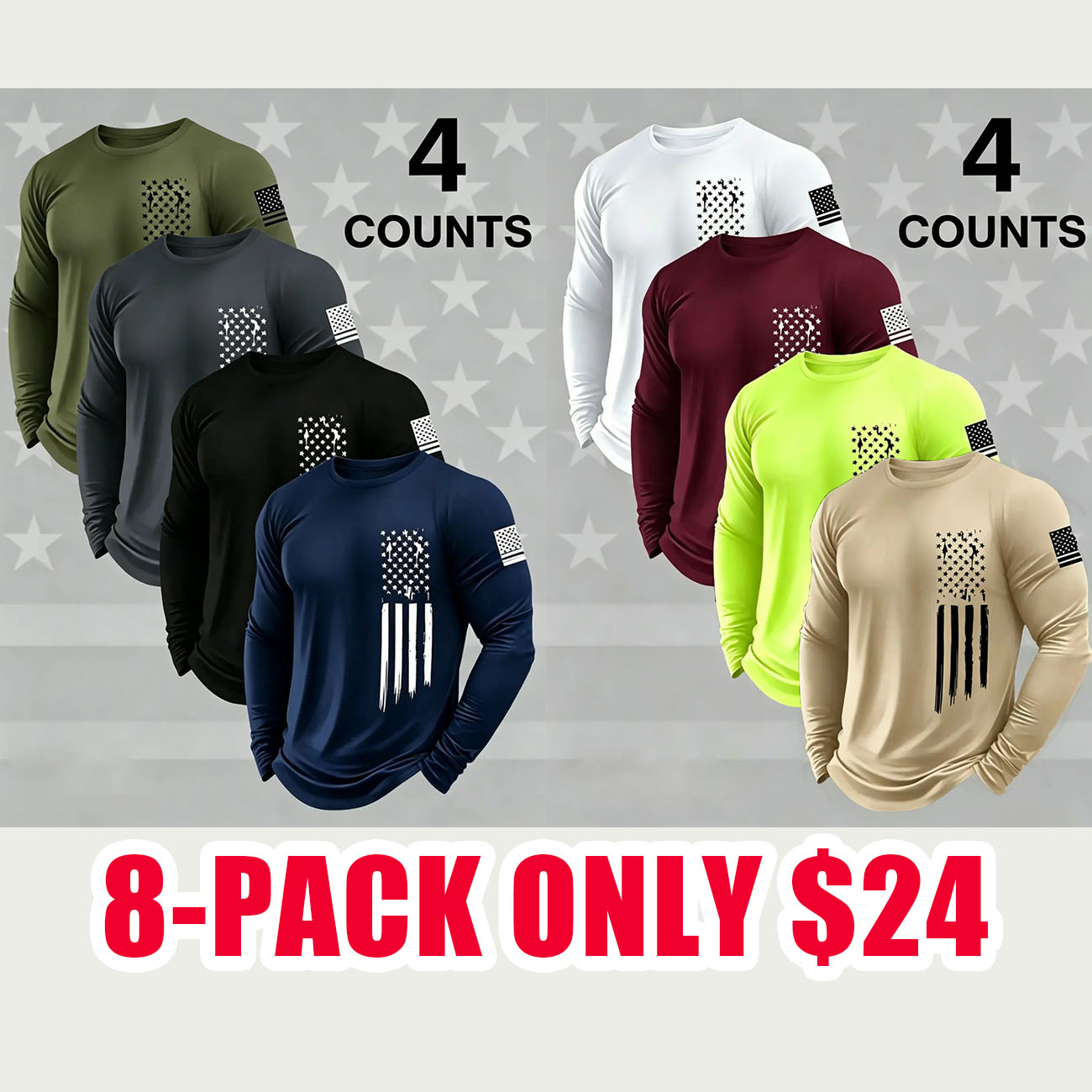 4-Pack Men's Flag Print Long Sleeve Shirts – Quick Dry Stretch Athletic Tops