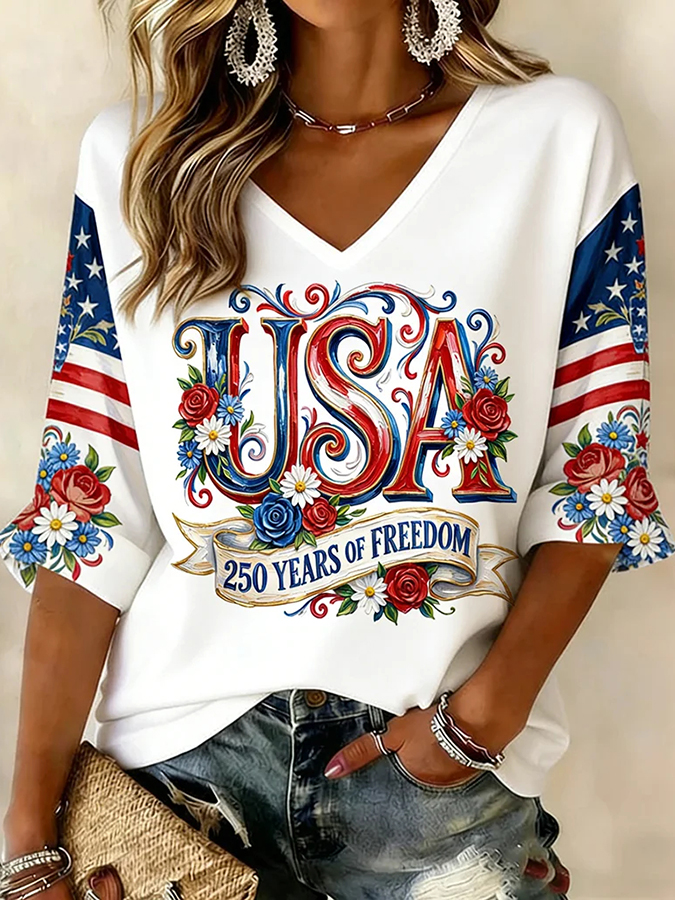 Ladies' Casual American 250Th Anniversary Celebration V-Neck Half Sleeved T-Shirt