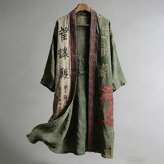 Men's Dragon Pattern Calligraphy and Painting Art Linen Long Kimono