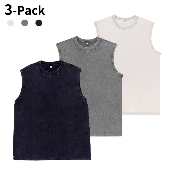3-Pack Vintage Acid Wash Tank Tops, Heavyweight Cotton Unisex Sleeveless Shirts