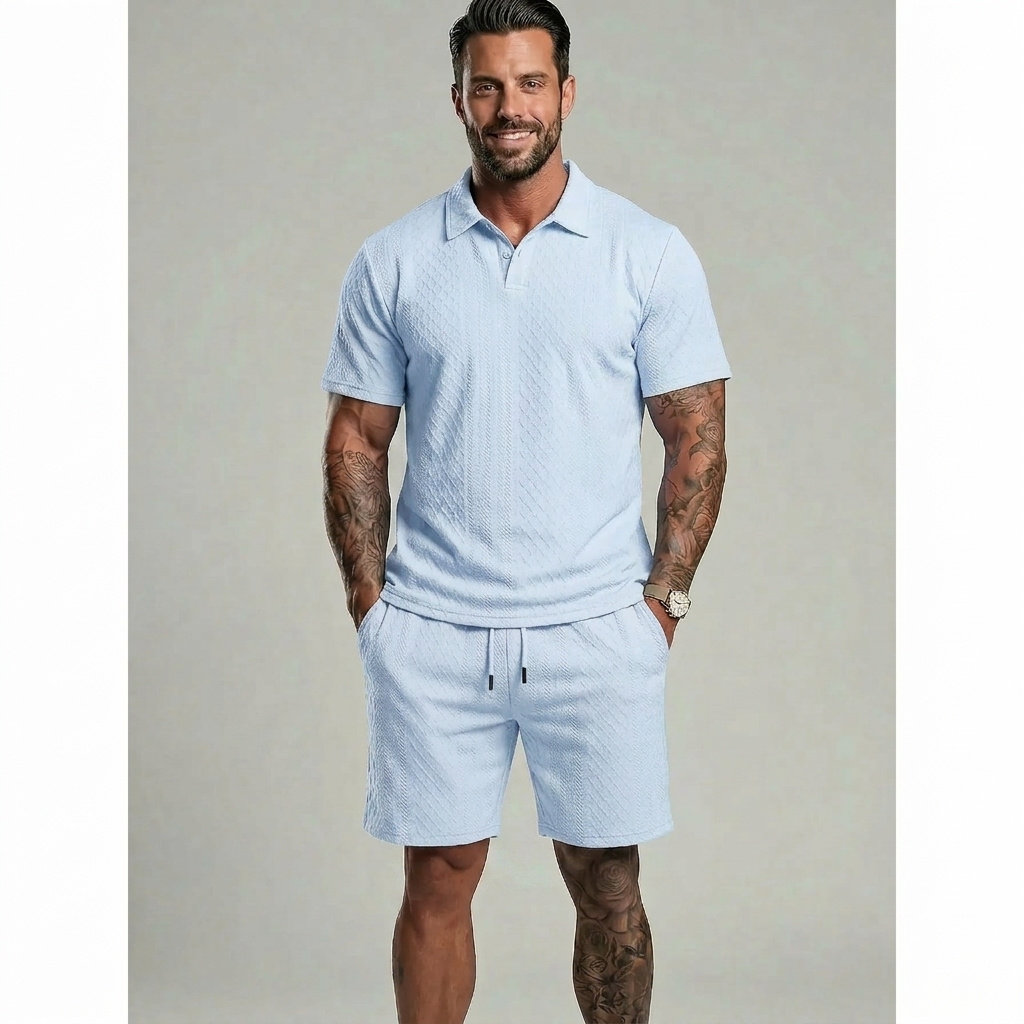 Men's Solid Polo Shirt & Drawstring Shorts 2-Piece Set Casual Breathable Daily Outdoor Outfit