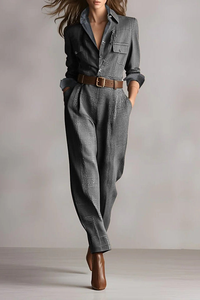 Brown Sophisticated Tweed Texture Plaid Utility Jumpsuit
