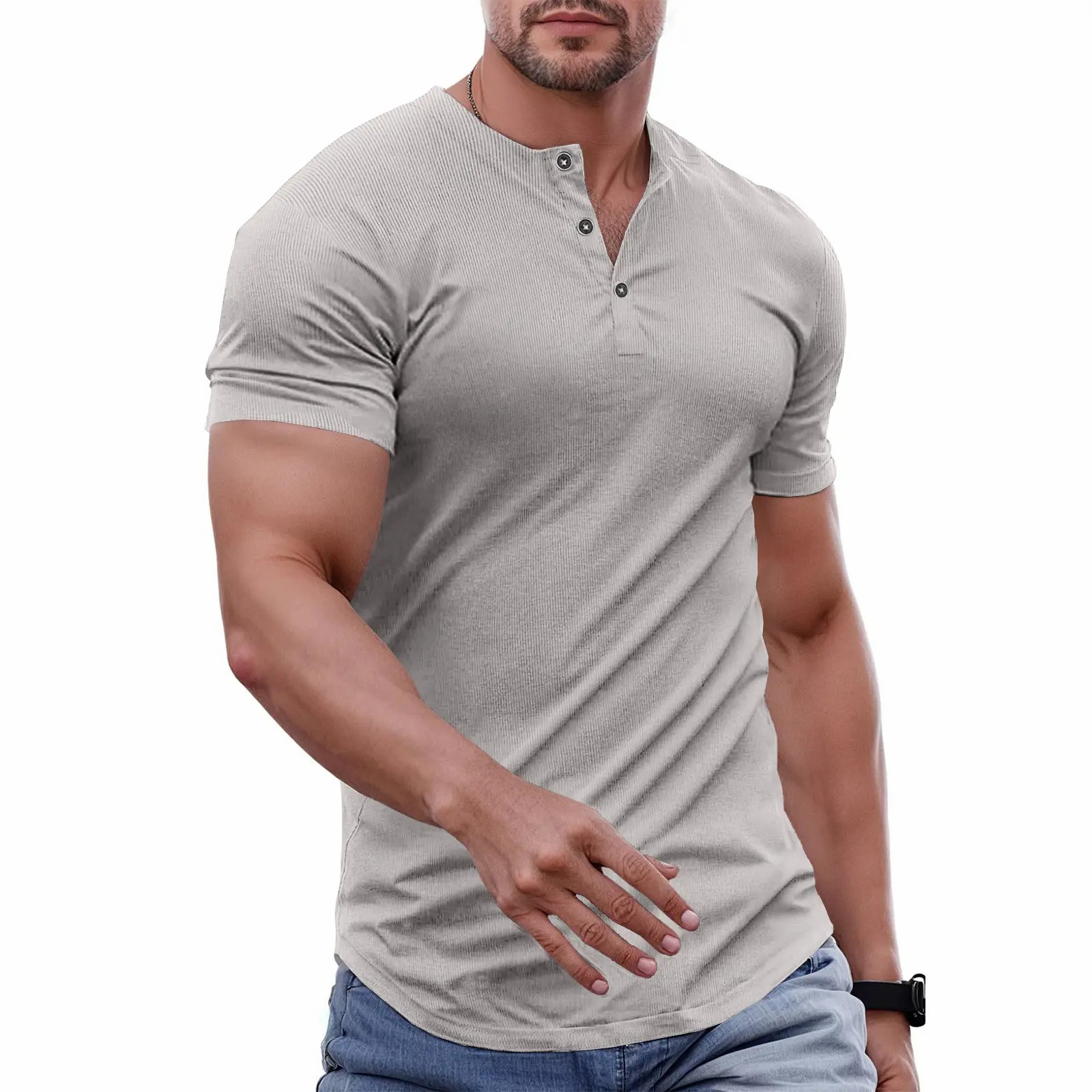 Men's Slim Fit Henley T-Shirt – Muscle Fit Longline Crewneck with Button Detail, Gym & Streetwear