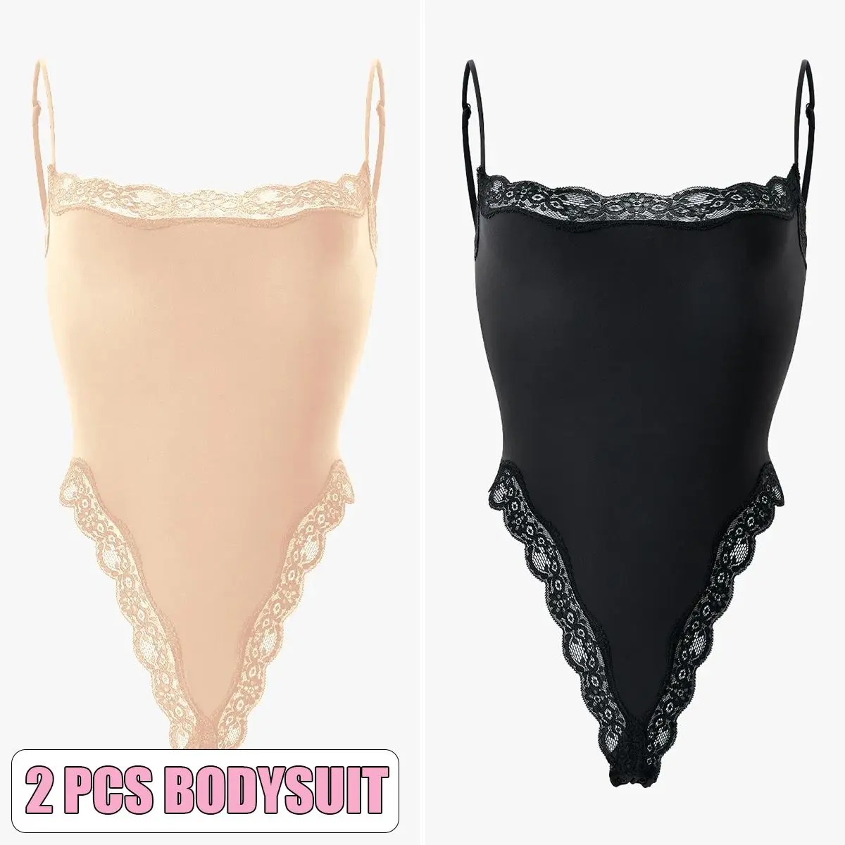 KatchMe Lace Series Women's Simple Style Spaghetti Strap Lace Trim Breathable Bodysuit
