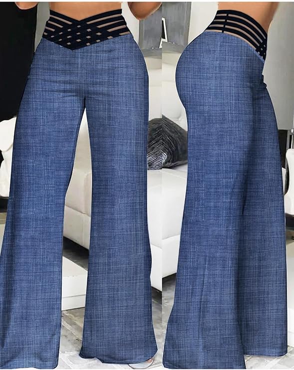 Women's Elastic Waist Flare Leg Pants Soild Ruched Long Yoga Trousers