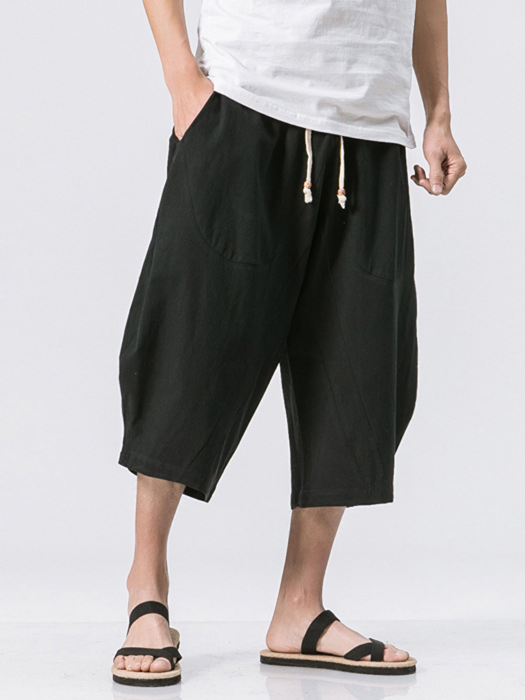 Men's Vintage Japanese Pocket Cotton Linen Casual Capri Pants