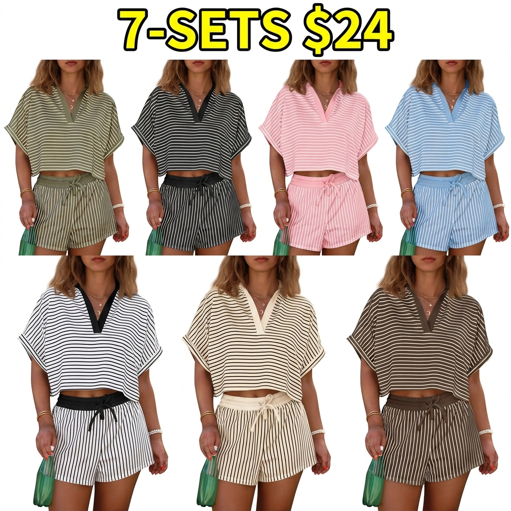 Womens Striped 2 Piece Short Sets