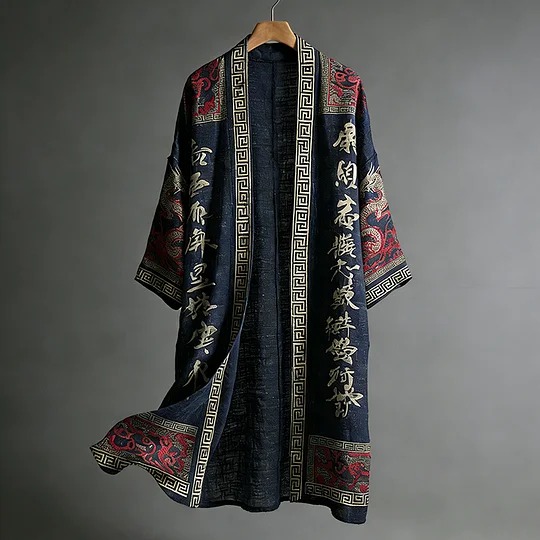 Men's Casual Dragon Pattern Calligraphy And Painting Art Linen Long Kimono