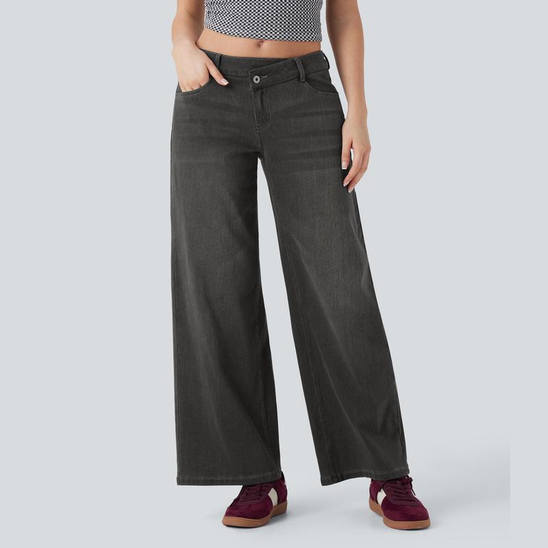 Asymmetric Wide Leg Zipper Pocket Jeans