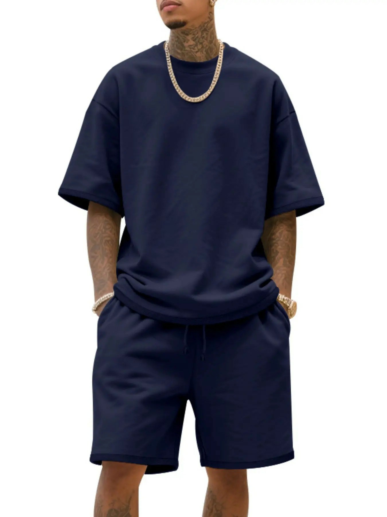 Men's Summer Casual Set, Pure Color Round Neck Short Sleeve Tee & Shorts