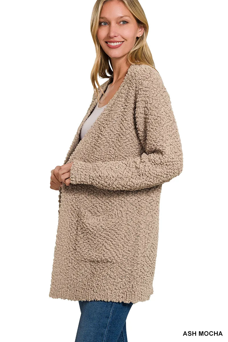 Long Sleeve Popcorn Sweater Cardigan with Pockets