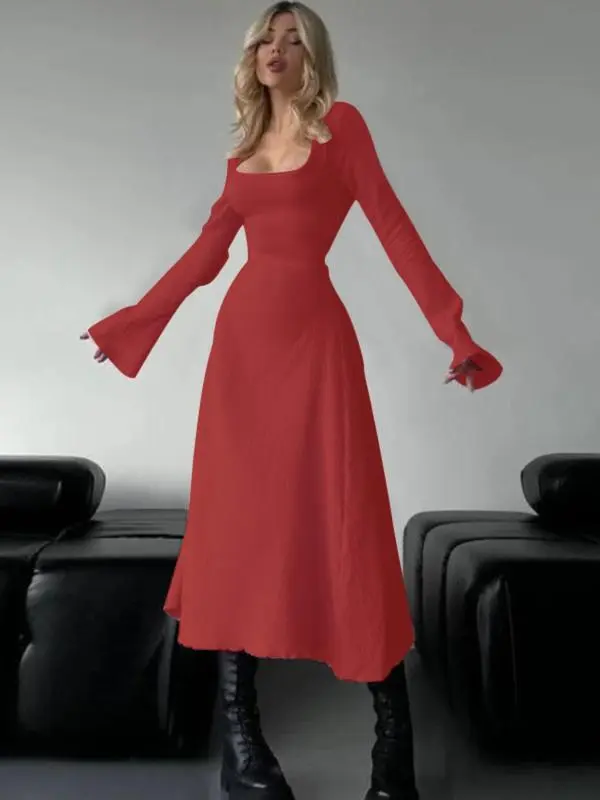 Women's Plain Lace Up Tie Back Flounce Sleeve Dress