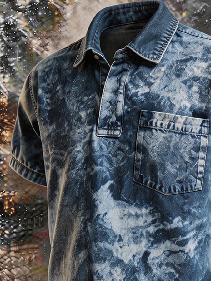 Men's Tie-Dye Washed Denim Polo Shirt, American Flag Patch Sleeve Chest Pocket Vintage Casual Short Sleeve Streetwear Top