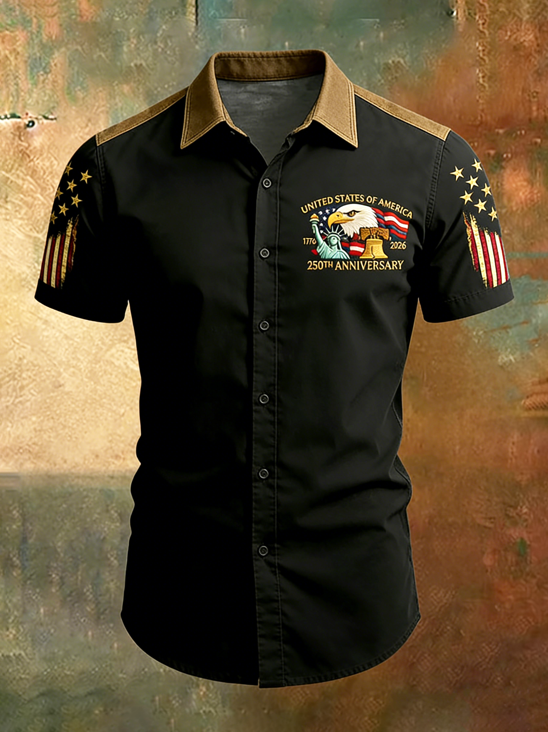Men'S Casual 250Th Anniversary Of The Founding Of The United States Printed Button Down Short Sleeved Shirt