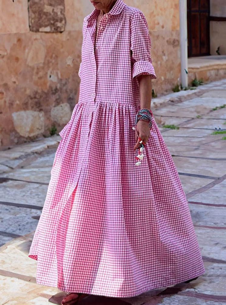 Women's Retro Plaid Button Down Maxi Shirt Dress(Buy 2 Free Shipping)
