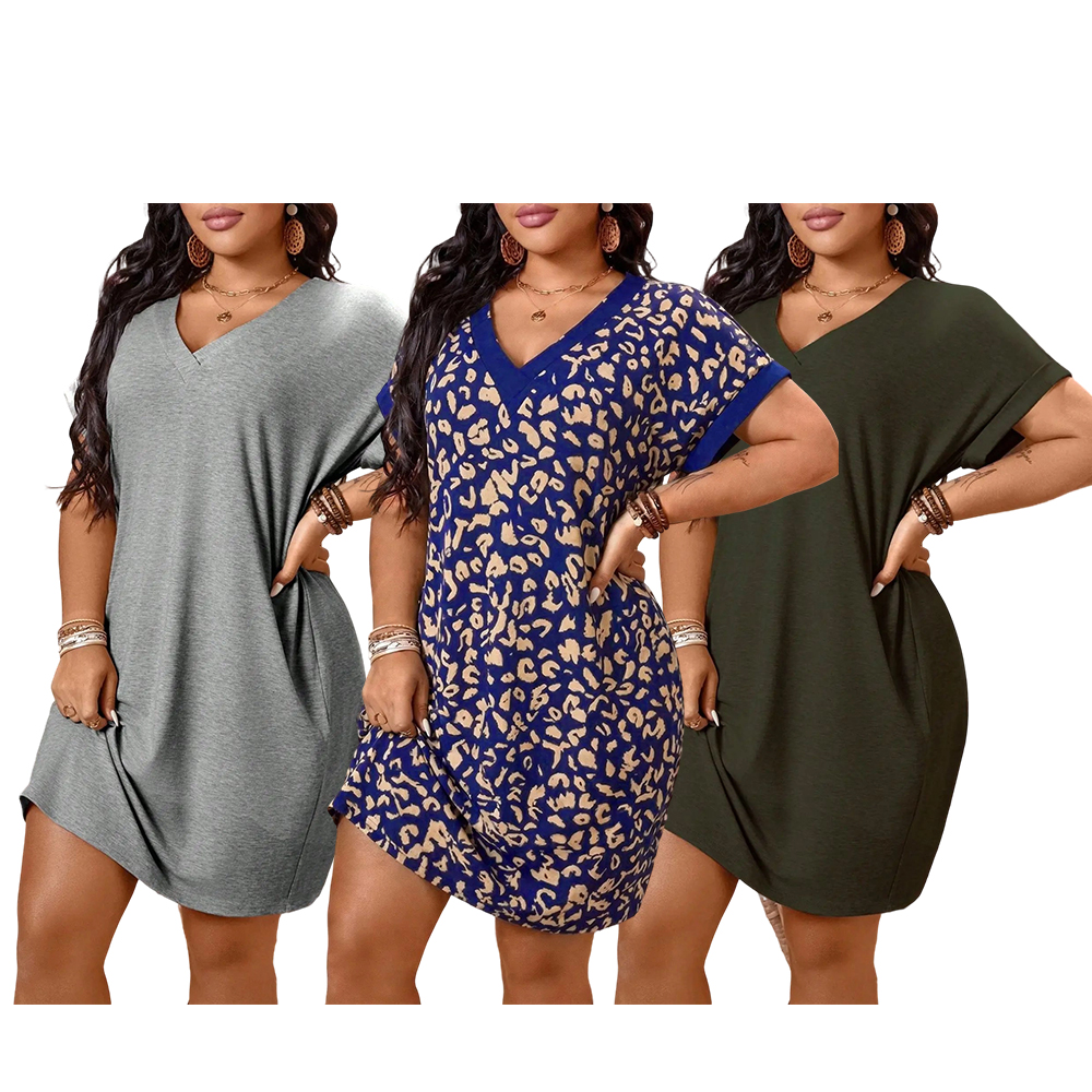 Plus Size Women's Loose T-Shirt Dress, V Neck & Batwing Sleeve Design