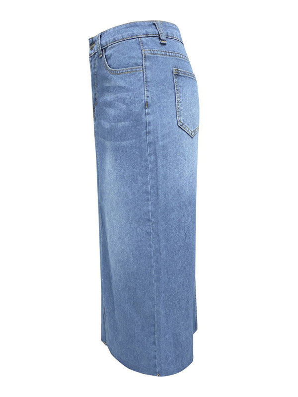 Front Slit Denim High Waist A Line Midi Skirt