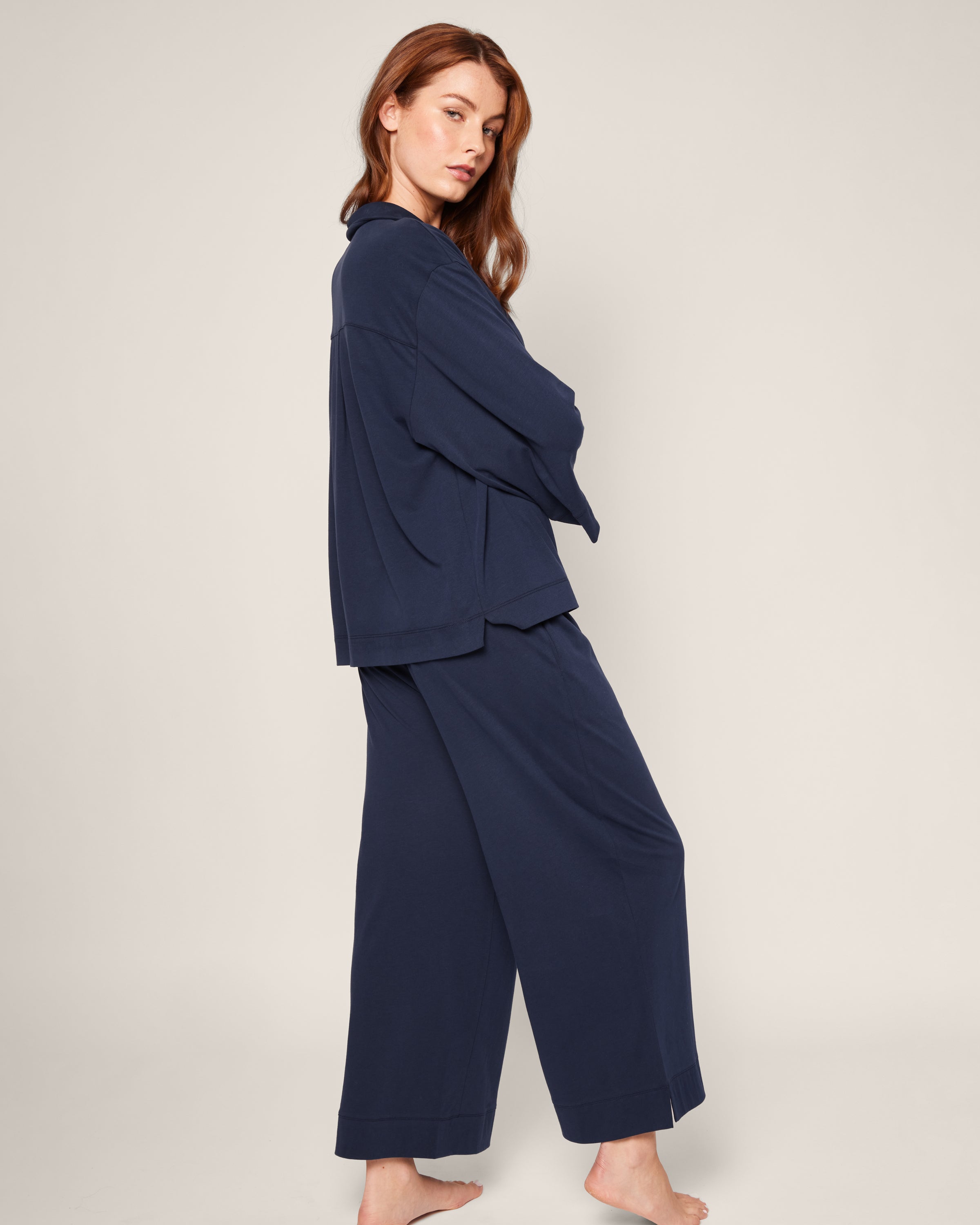 The Olivia Wide Leg Pima Pajama Set in Navy