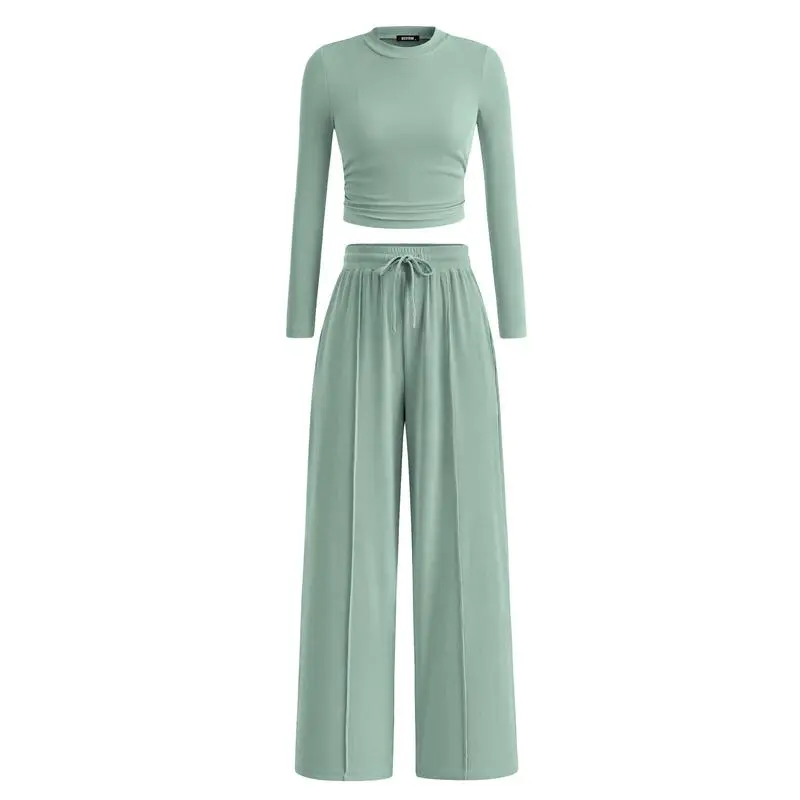 Ribbed Knit Long Sleeve Crop Top Wide Leg Pants