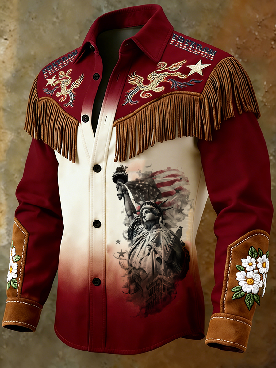 Men'S Retro Patriotic Casual Statue Of Liberty Printed Western Fringe Shirt