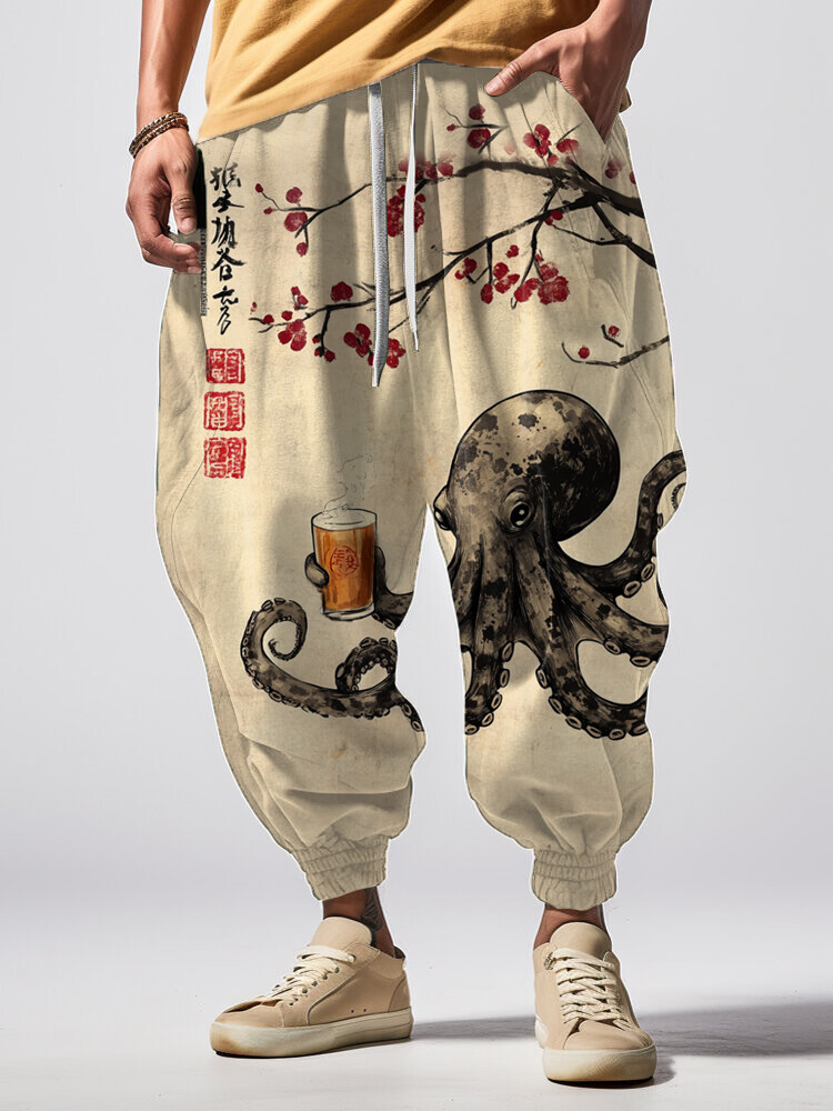 Men's Octopus Drinking Under A Tree Japanese Art Print Loose Drawstring Waist Sweatpants