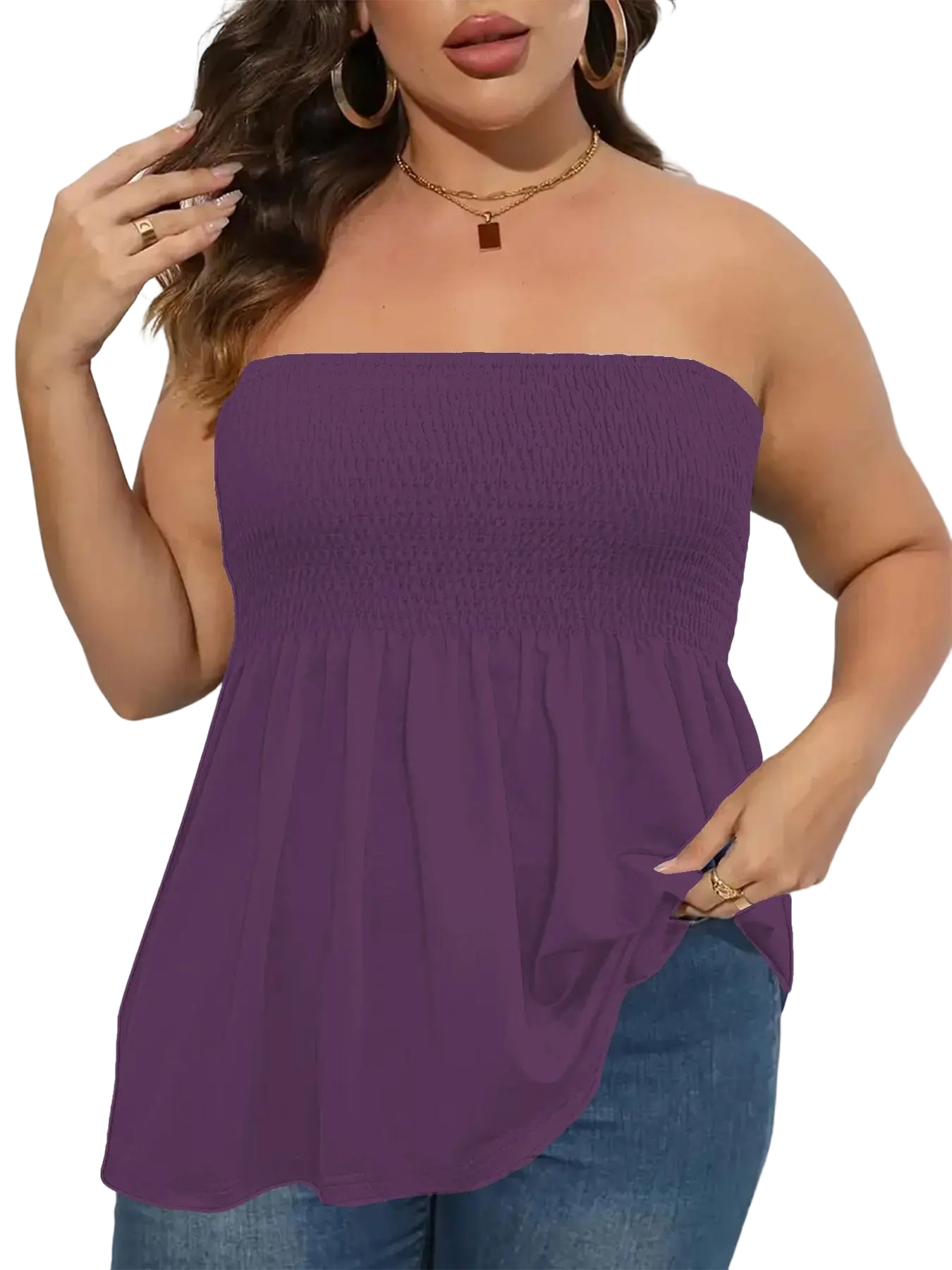 Plus Size Solid Ruffle Hem Shirred Tube Top, Boho Fashion Chic Style Tops, Lady Strapless Top, Womenswear, Casual Sleeveless Strapless Black Top