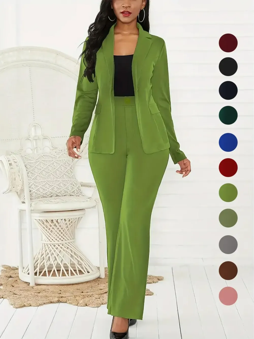 Women's Two-Piece Set Plain Button Lapel Blazer & Suit Pants, Elegant Business Casual Long Sleeve Outerwear