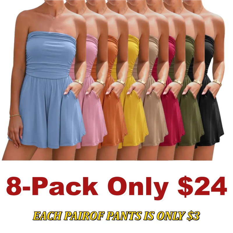 Summer Womens Romper 2026 Spring Strapless Tube Beach Vacation Clothes Ruffle Boho Loose Shorts Jumpsuits Pockets