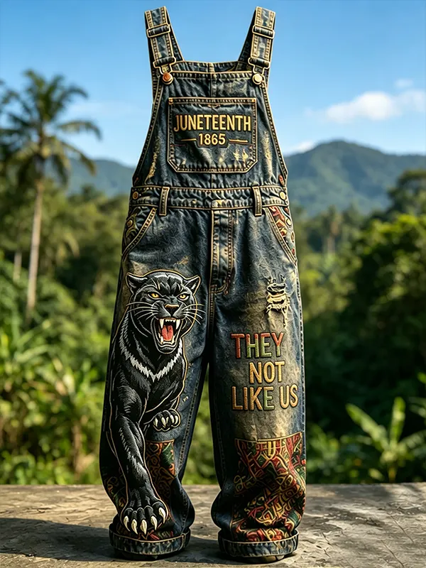 Men's Juneteenth 1865 They Not Like Us Panther Print Overalls Jumpsuit