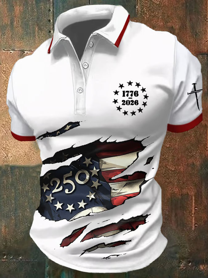 Men'S Retro American Flag Independence Day Print Casual Polo Shirt