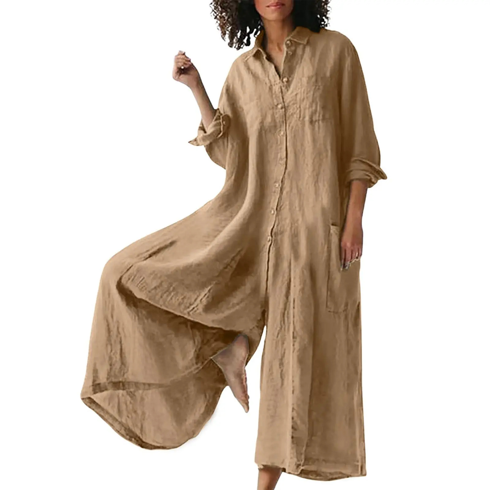 Women's Linen Long-Sleeve Button-Front Wide-Leg Jumpsuit