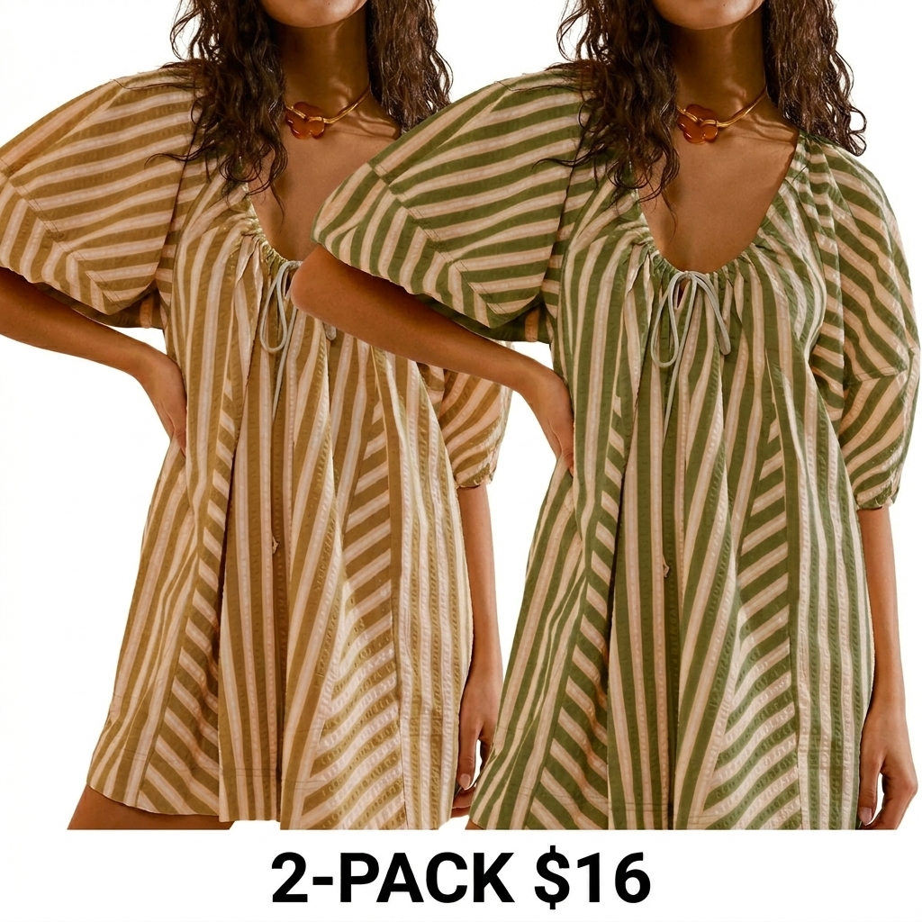 Women's Striped Wide Leg Romper – Puff Sleeve Loose Jumpsuit with Pockets