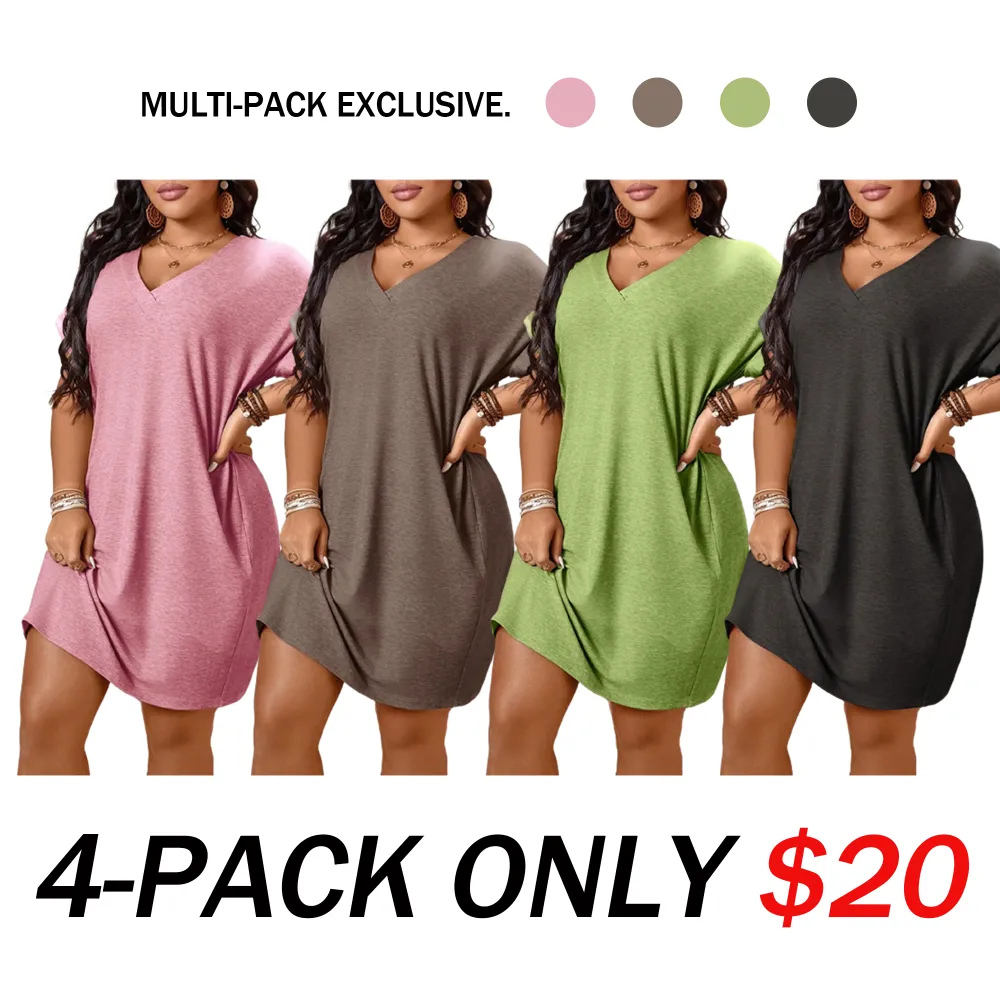 🔥8-PACK $24🔥Plus Size Women's V Neck Batwing Sleeve Loose T-Shirt Dress