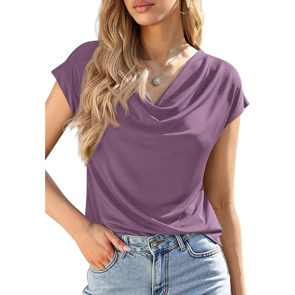 Women's Cowl-Neck Short-Sleeve Top — Elegant Casual Wear, Summer Shirt