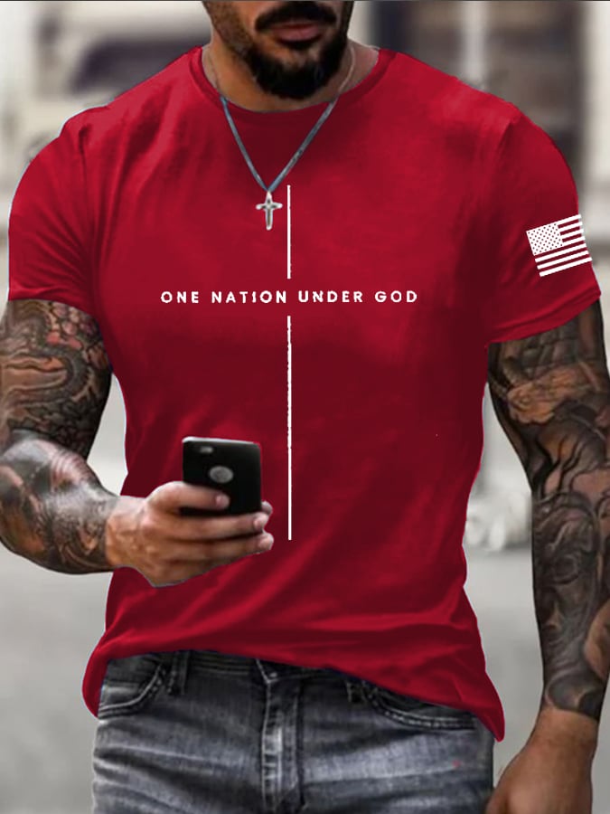 Men's Patriotic Faith Cross ONE NATION UNDER GOD Print Short-Sleeve T-Shirt