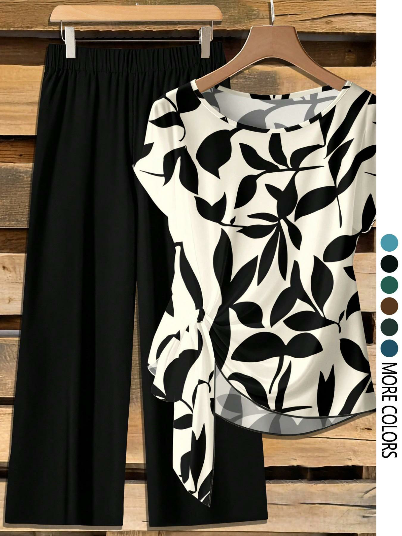 Women's Casual Printed Necktie Shirt and Loose Straight Pants Set