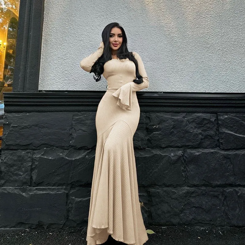 Women's Plain Lace Up Flounce Sleeve Dress