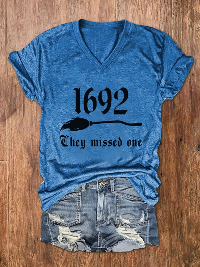 Women's 1692 They Missed One Salem Witch Print V-Neck T-Shirt