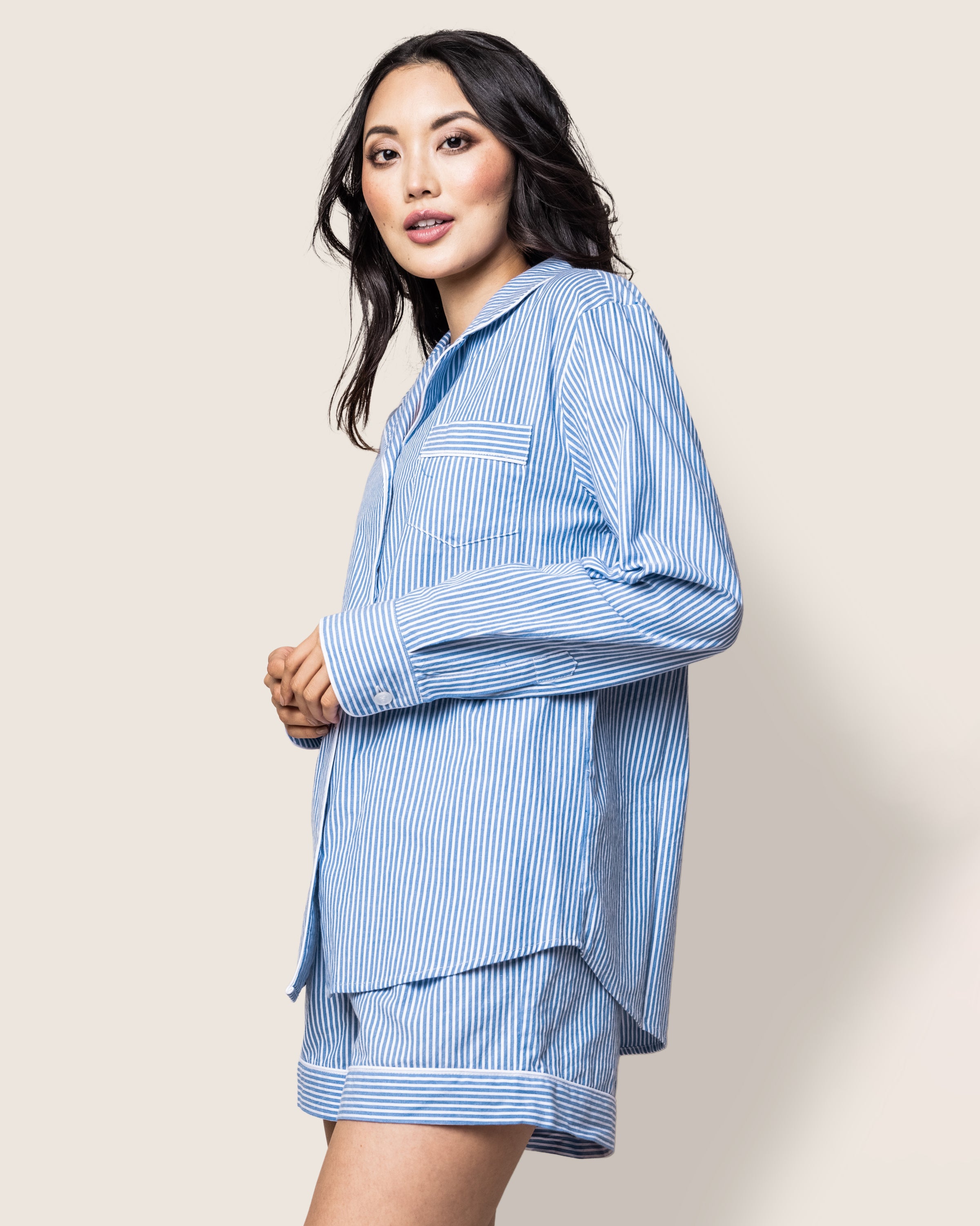 Women's Twill Long Sleeve Short Set in French Blue Heritage Stripe