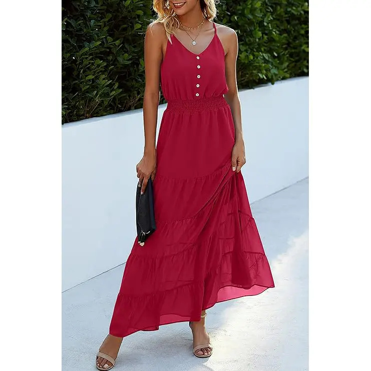 Women's Casual Summer Dress Spaghetti Strap Sleeveless High Waist Beach Long Maxi Sun Dresses