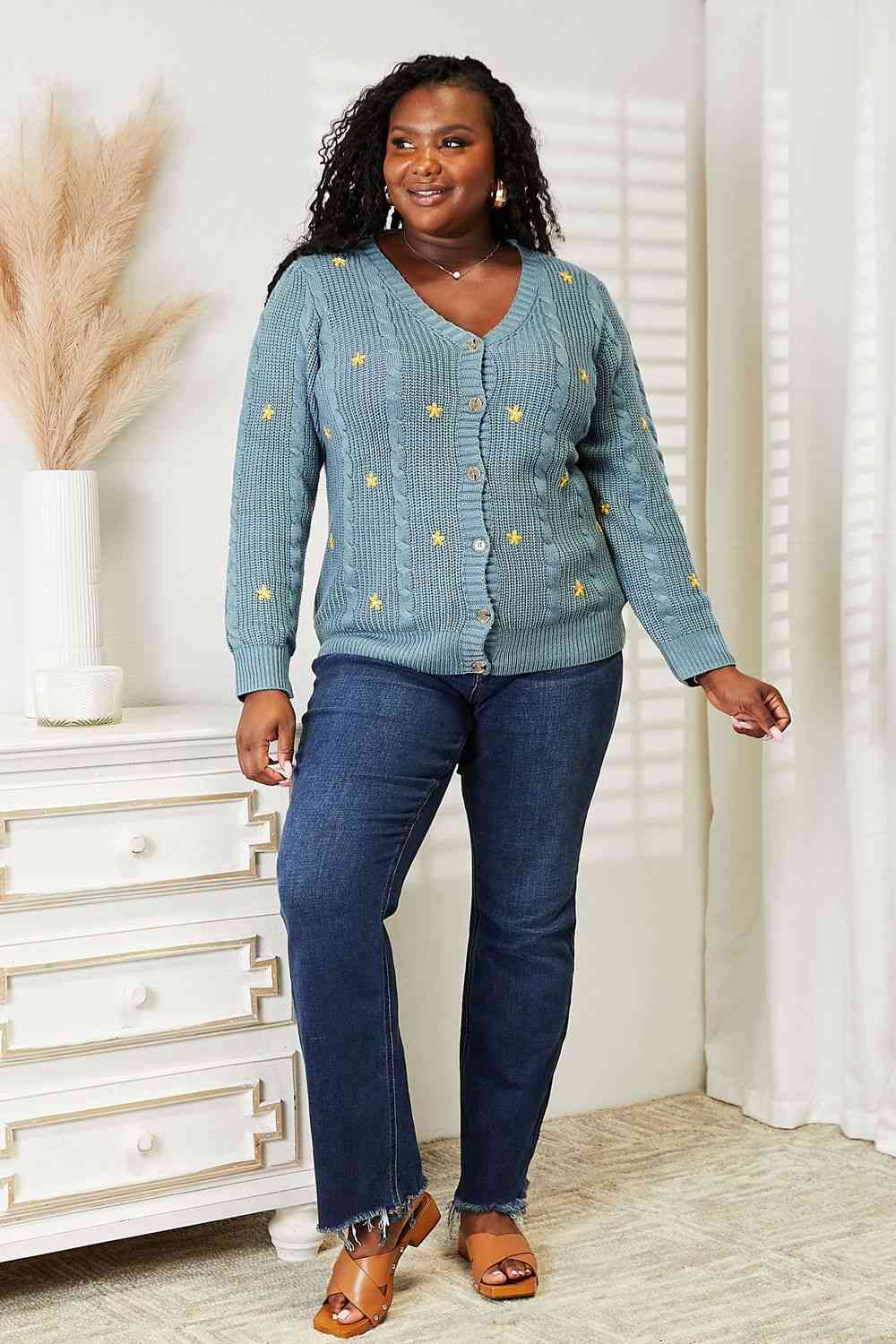 Full Size Floral Embroidered Cable Cardigan